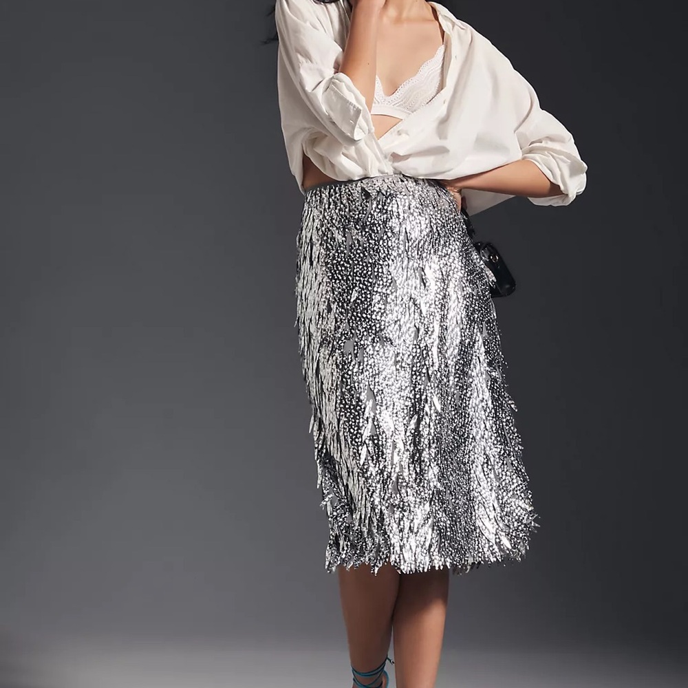 Anthropologie Silver Fringe Pencil Skirt